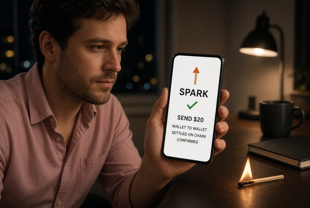 SPARK wallet confirmation — Send $20, wallet to wallet, settled on chain
