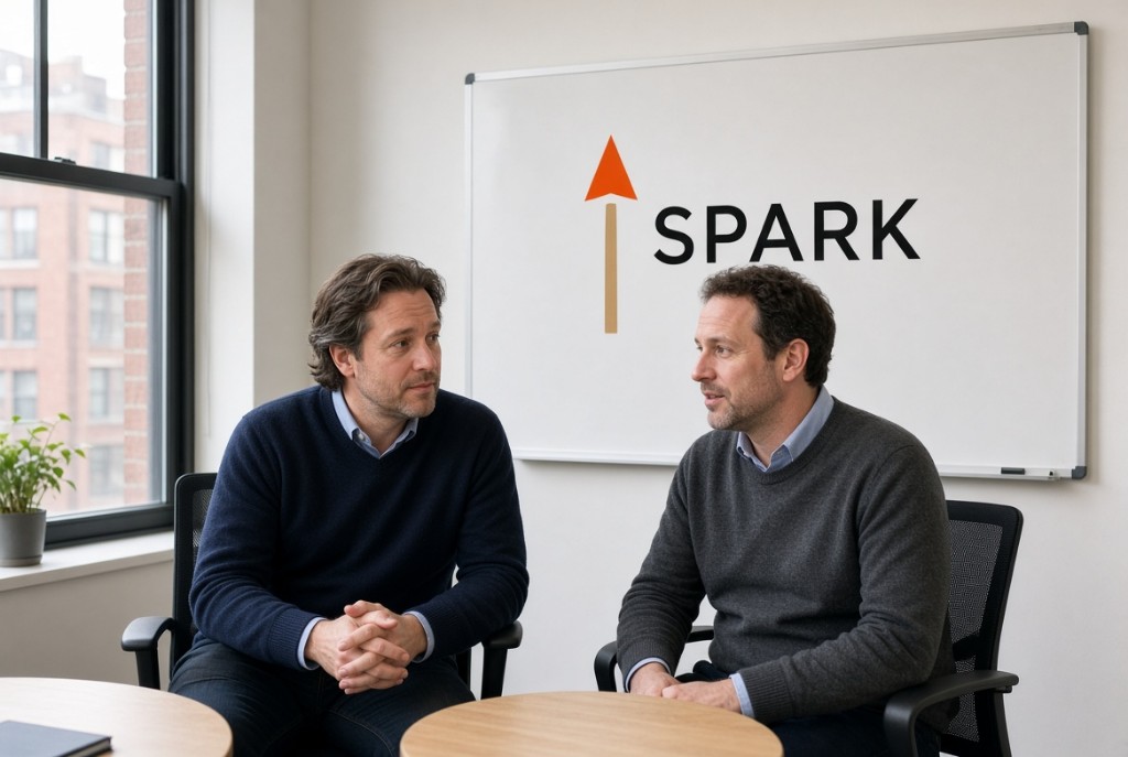 Founders in a meeting with the SPARK mark on the whiteboard