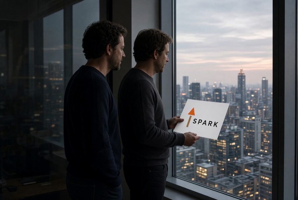 Two founders holding the Project Spark name, looking out at the city